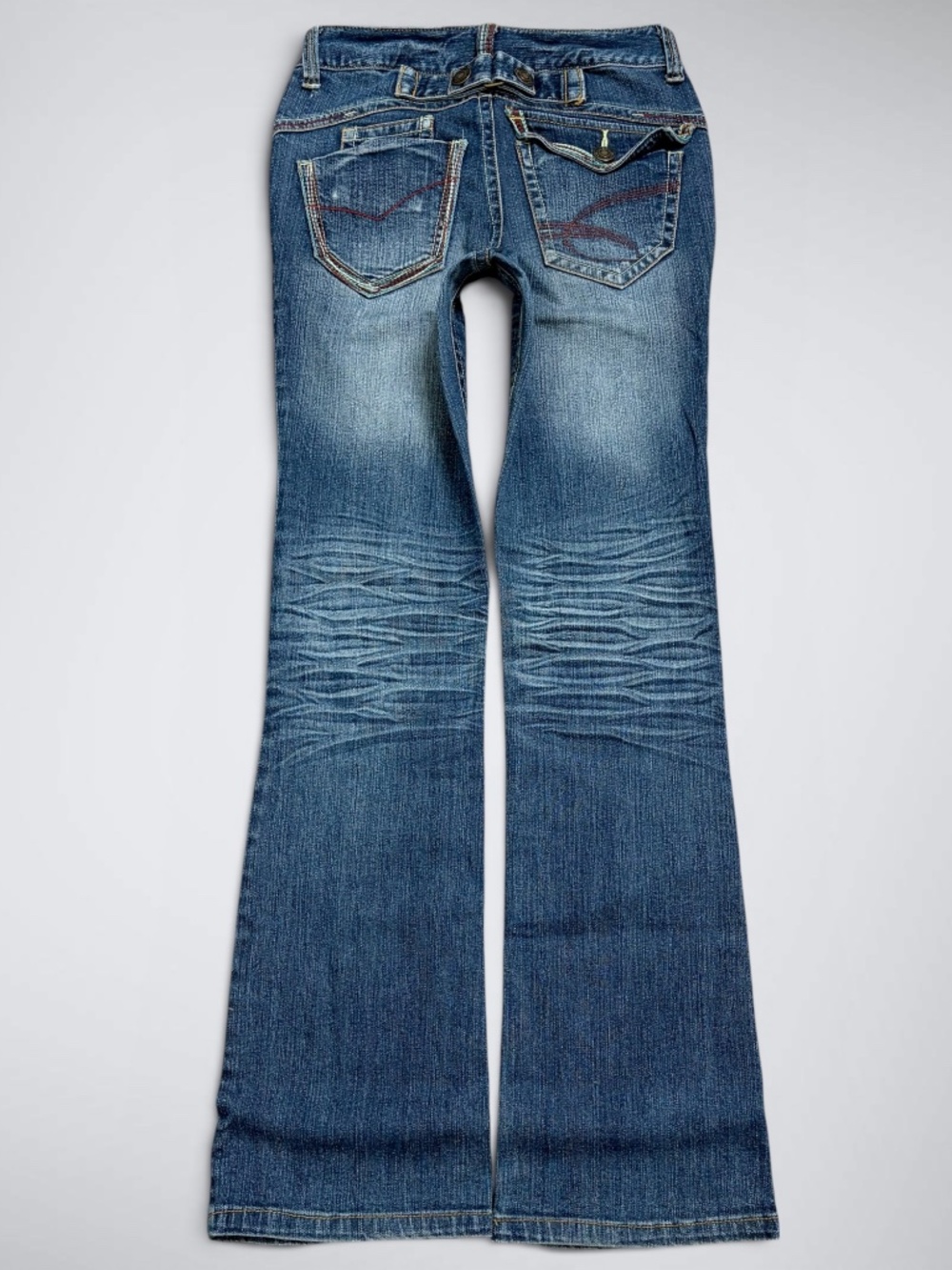 Vintage Blue Jam Japanese Brand Low Rise Flare Jeans Whiskered Cinch Back